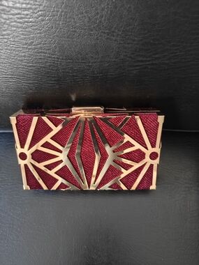 Elegant Women's Evening Clutch - Wine Red Velvet with Gold Geometric Overlay
